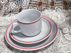 Retró,  Zsolnay, piros és kék csíkos reggeliző, vacsorázó szett,  rakásolható bögrével 17.