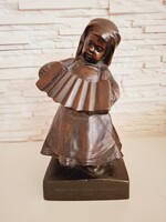 Telcs Endre (1872-1948) Harmonikázó Kislány Bronz Szobor,Ritka!!!!!