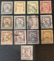 Ritka 13 darabos 1914/15-ös "Hadi segély" bélyegsor – Fordított vízjelekkel és történelmi bélyegzése