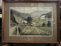 Hegyi táj, fahíddal – szignó: „Nehzes G.”