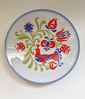 Zsolnay Pécs falitányér, népi madaras virágmintával, 24,5 cm – színes, látványos darab