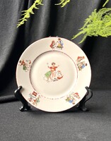 Antik Zsolnay porcelán gyermek tányér mese jelenetes kutya cica