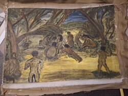 Meztelen törzs a parton, festmény, olaj, vászon, 38x57 cm a festett vászon része