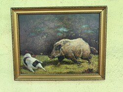 Hunting Scene: Wild Boar Drive Oil on Wood
