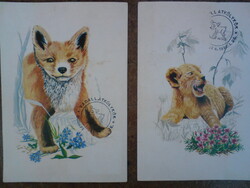 2 db. Régi grafikus képeslap - Vörös róka és oroszlán 1976 - Grafika : Zombori Éva