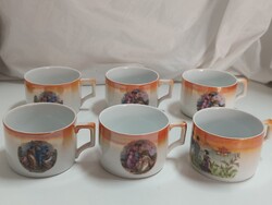 Zsolnay porcelán pajzspecsétes, lüszter mázas teás csészék zsáner és japonizáló jelenettel - 6 db