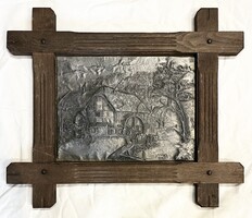 Antique and signed tin wall picture in a solid wood frame!