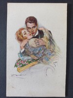 Romantikus páros - régi grafikus olasz képeslap Dall’Anza Gasparini Milano ölelkező pár kb.1920