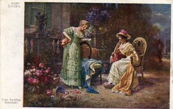 Képeslap:  Nő, nők, virágok. Hans Zatzka.
