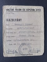 RÁBA Magyar Vagon- és Gépgyár Győr igazolvány Somogyi József gyártervező 1951 ipari relikvia