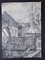 Vidéki templom és parasztházak – eredeti grafika / rajz A4-es méret, 1946-ból amatőr grafika