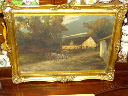 PÁLLYA CAROLUS ( 1875-1948 ): LOVAS SZEKÉREN  (     NAGYMÉRETŰ OLAJ FESTMÉNY !!!)