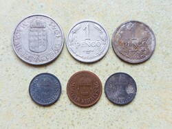 Magyarország 6 db Különböző Érme 2 Fillér 1 2 Pengő 1927-1944