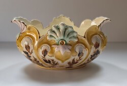 Zsolnay Pécs historizáló jardiniere 1890 körül – bogáncs & krizantém dekor, jelzett, hibátlan, ritka