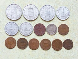 Magyarország 15 db Különböző Érme 1 2 10 20 Fillér 1 2 Pengő 1894-1944