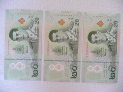 3 db sorszámkövető 20 Thai Baht bankjegy UNC