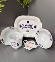 Vintage Kalocsai porcelán szett aranyozott szegéllyel / tálkák, kínáló tálca, teafilter tartó,csésze