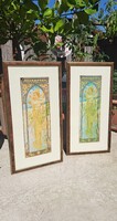 Alfonz Mucha Art Nouveau, colorful, framed print set. Seasons '93 signed