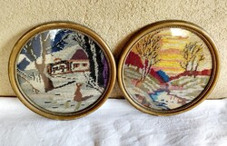 Old tapestry pictures in wooden frame