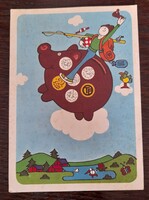 Retro képeslap Takarékosság-több öröm felirattal Postatiszta