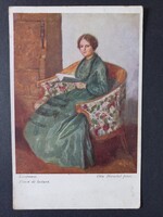 Zongora mellett virágot öntöző hölgy enteriőr képeslap Ernst Horst Egy nyári nap c.1910