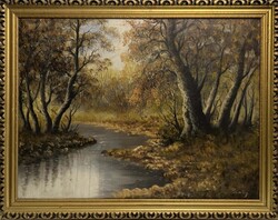 Pusztay jelzéssel: Őszi erdő kanyargó patakkal - régi olajfestmény (70x90 cm) /számlát adunk hozzá/