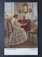 Hölgy az íróasztalnál antik művészi képeslap München Aug. Rieper c.1910