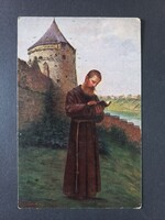 Szerzetes könyvvel várfal előtt vallásos életkép antik művészi képeslap c.1920