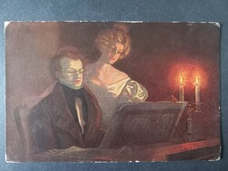 Schubert a zongoránál gyertyafényes jelenet klasszikus zenei  antik művészi képeslap c.1920