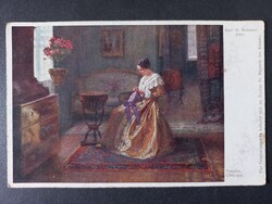 Otthoni jelenet varró nő szalonban finom részletgazdag antik művészi képeslap c.1920