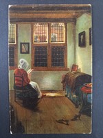 Pieter de Hooch olvasó nő ablaknál holland enteriőr antik művészi képeslap c.1920