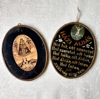 Antik keresztény kegytárgyak ovális réz keretben / Házi áldás, Szűz Mária