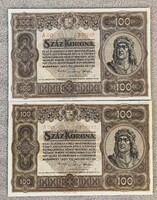 2 db 1920-as SZÁZ KORONA