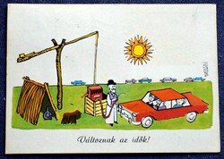 Retro humoros  képeslap - csikós, gémeskút , autó ,benzin "Változnak az idők'   Pusztai Pál grafika