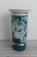 Hollóházi porcelán zöld, Szász Endre váza!