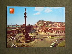 Képeslap,Spanyolország,Barcelona,Kolumbusz-emlékmű,autóbusz,villamos,városi látkép,részlet,1980-