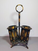 Hollywood Regency bamboo-imitated, two-compartment metal umbrella stand negotiable