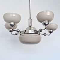 Art deco 5 karos - 7 égős nikkelezett csillár felújítva - krémszínű ernyők és búra