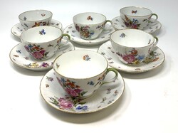 Antik Fischer Emil 6 személyes porcelán teás szett aranyszegélyes virágos bogaras motívummal RZ