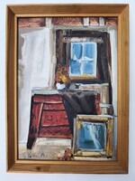 Cs, Pataj Mihály: Enteriőr / ojal, farost festmény, 35 X 50 /