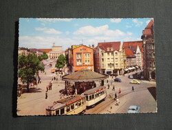 Képeslap,Németország,Augsburg,Königsplatz,villamos állomás,városi látkép,részlet,1970-