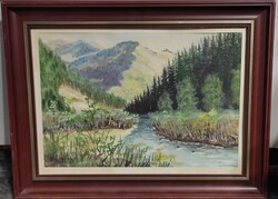 Szignált keretezett festmény patak erdő hegy tájkép régiség N. Géza