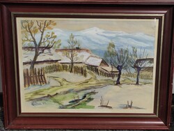 Szignált keretezett festmény tájkép falusi élet téli táj régiség N. Géza