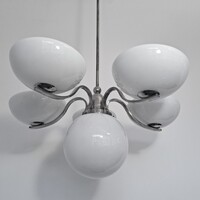 Art deco 5 karos - 6 égős nagy méretű nikkelezett csillár felújítva - tejüveg búra