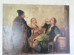 Antique Interior Oil Painting of Friends Enjoying Wine