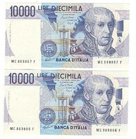 2 x 10000 lire lira 1984. Ciampi és Speziali Olaszország sorszámkövető pár UNC