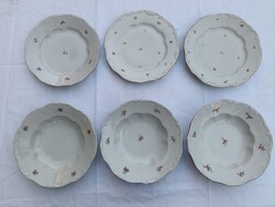 Antik Zsolnay porcelán, pajzspecsétes, kis virágos tányérok - 6 db