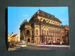 Képeslap,Csehország,Prága,Nemzeti színház,villamos,autóbusz,városi látkép,részlet,1970-