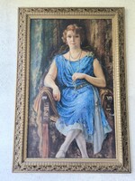 Antik 153 cm x104 cm Kúria Kastély festmény Portré  Nemes Hölgy ékszerekkel Fotelben Enteriőr. Rika
