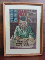Tórát olvasó zsidó rabbi gobelin, keretezve. Judaika